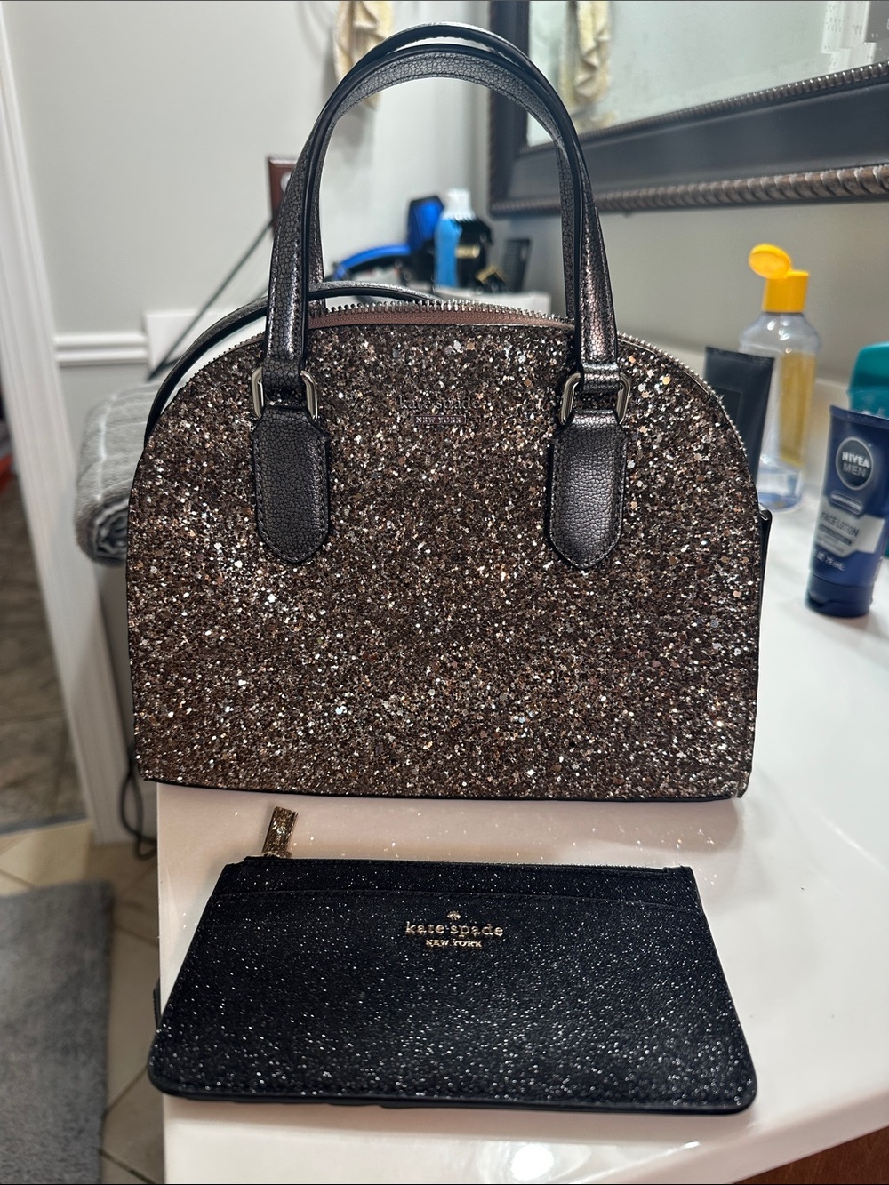 kate spade brown glitter dome satchel with black glitter pouch - Picture 2 of 10